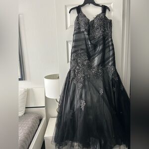 Mon Cheri Black and Silver Lace Prom Dress
